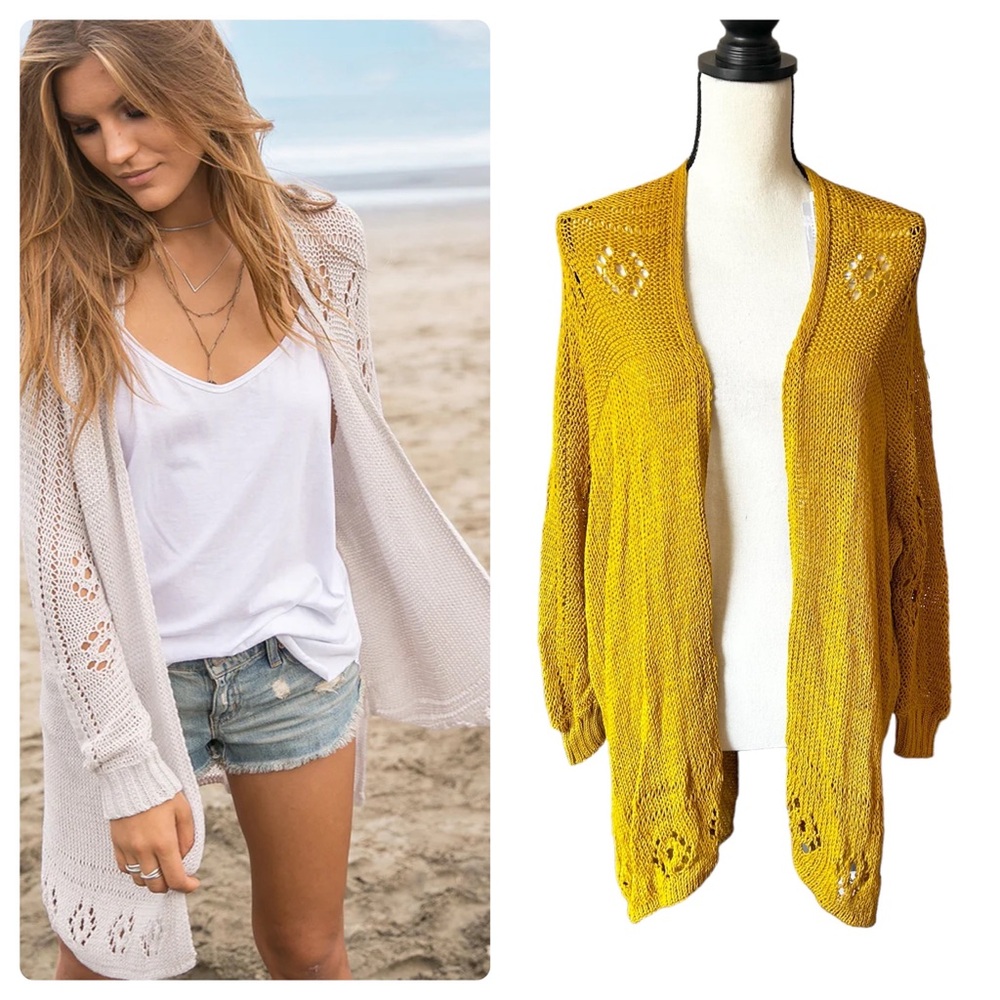 Wooden Ships Open Knit Cardigan in Mustard and Cream